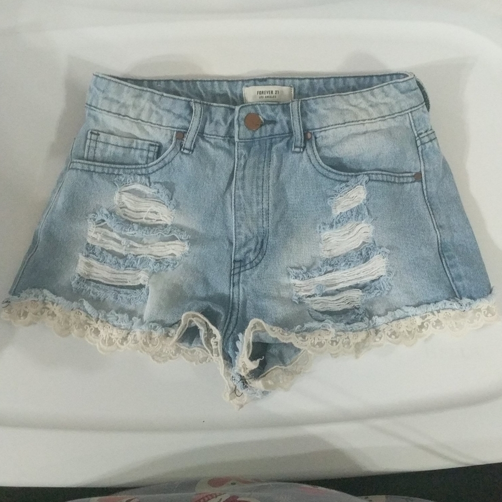 Forever 21 Light Wash Lace Hem Distressed Denim Shorts - size 27